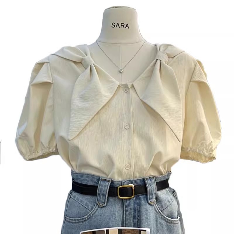 Summer new Korean-style sweet puffed-sleeve single-breasted V-neck school-style short-sleeved shirt for women pic 8