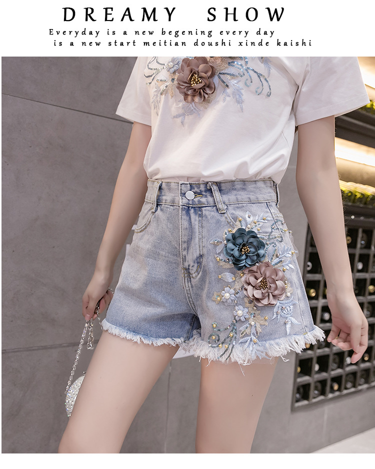 2022新款女装立体刺绣花朵夏季牛仔短裤女+立体花套头短袖t恤女式详情15