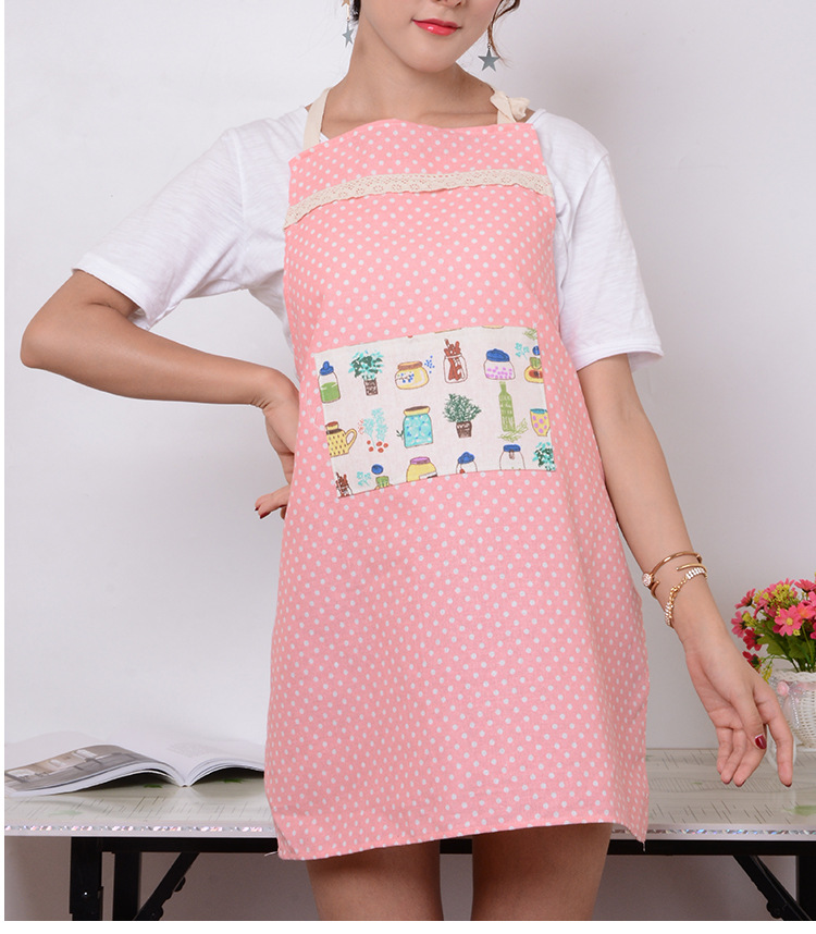 凡趣 圆点蕾丝棉麻围裙 时尚波点挂脖系带无袖居家围裙批发详情10