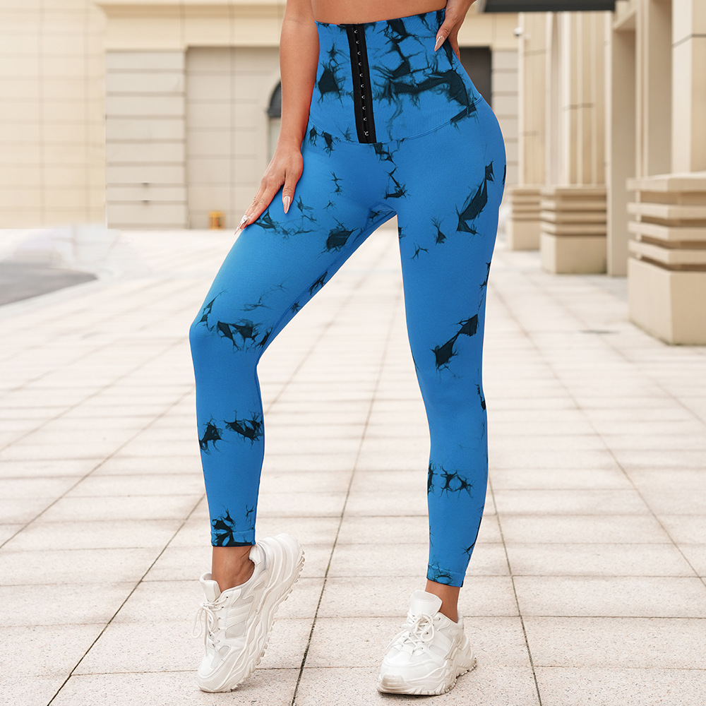 新品无缝扎染瑜伽裤高腰收腹排扣紧身裤提臀健身裤跑步塑身运动裤详情31