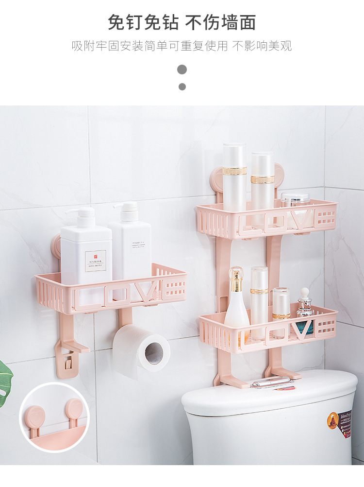 Wall-mounted bathroom double-layer toilet storage rack, plastic wall-absorbing storage rack, non-drilling bathroom and kitchen storage rack pic 3