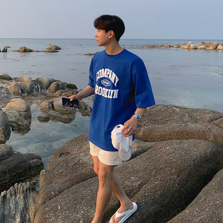 MYQ克莱因蓝短袖T恤男款夏季韩版潮流字母发泡印花纯棉半袖体恤详情4