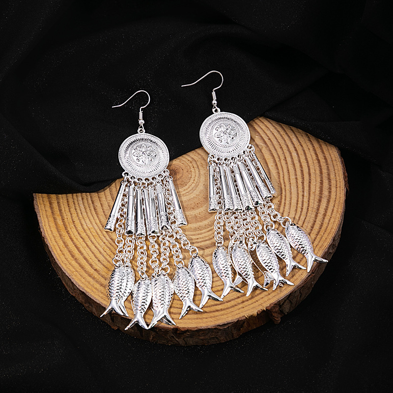 European and American Bohemian long tassel stud earrings, retro ethnic style Miao silver earrings, geometric round small fish earrings pic 10
