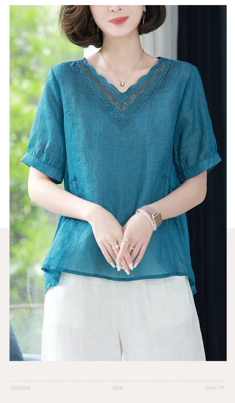 棉麻上衣女士短袖妈妈苎麻小衫夏季t恤2022新款休闲宽松亚麻衬衫详情13