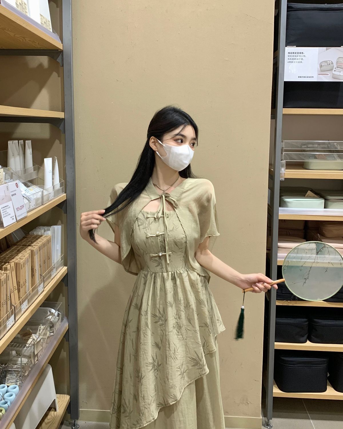国潮竹叶国风汉服不规则吊带连衣裙女夏大码胖mm新中式收腰显瘦两件套详情17