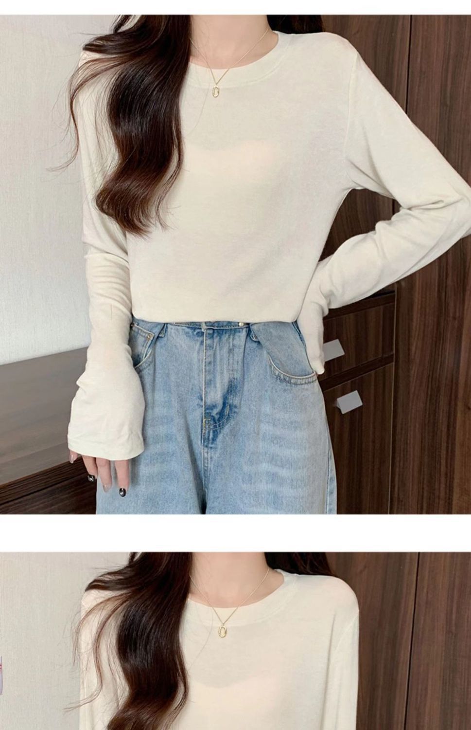 打底衫女宽松显瘦面膜T恤内搭秋冬新款软糯绒色磨毛长袖上衣代发详情21