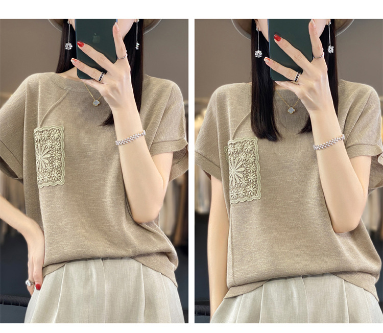 圆领亚麻冰丝短袖t恤女夏季洋气时尚百搭减龄别致薄款针织衫上衣详情10