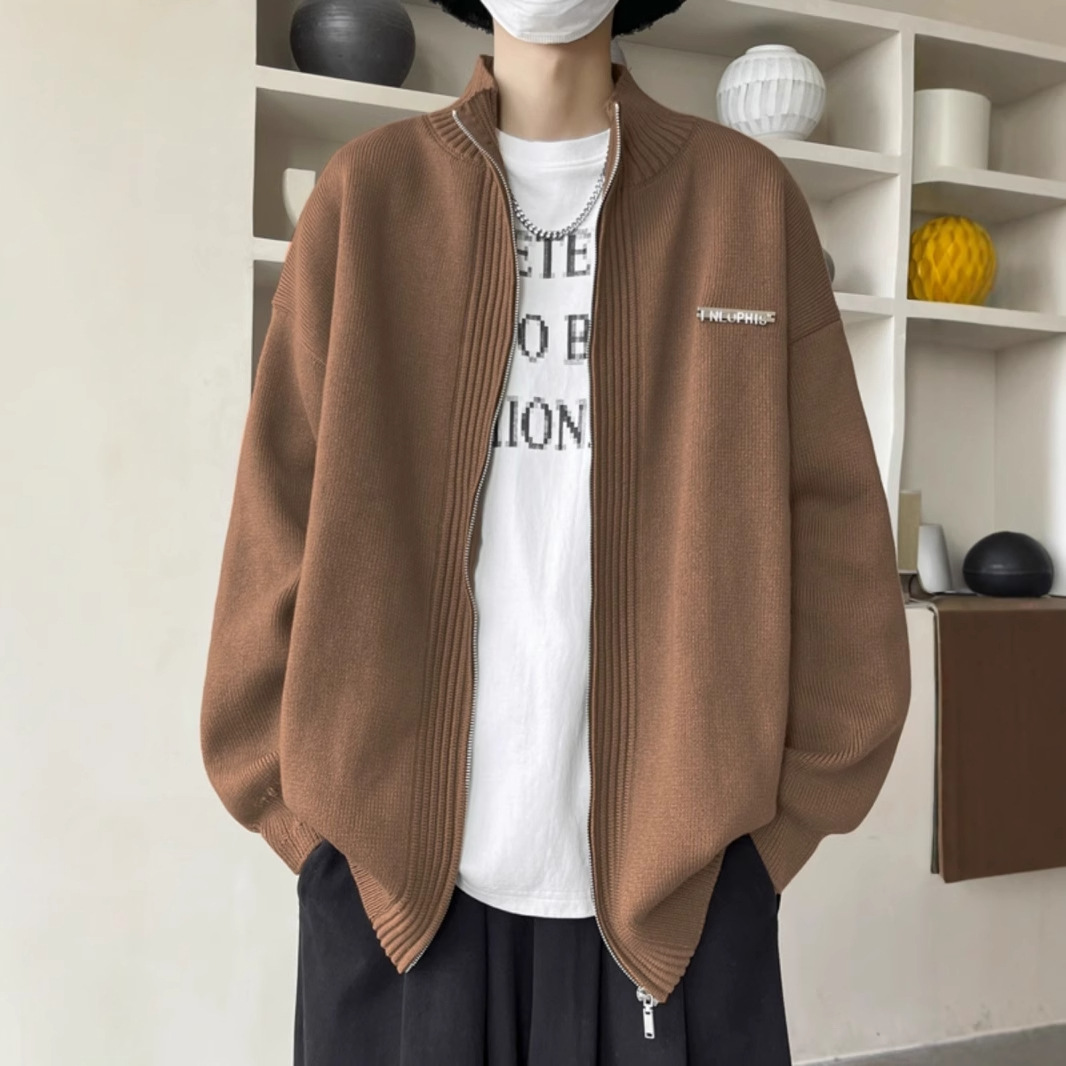 Laid-back style zipper sweater for men, autumn and winter American stand-up collar cardigan, loose trendy couple knitted sweater, casual coat pic 2