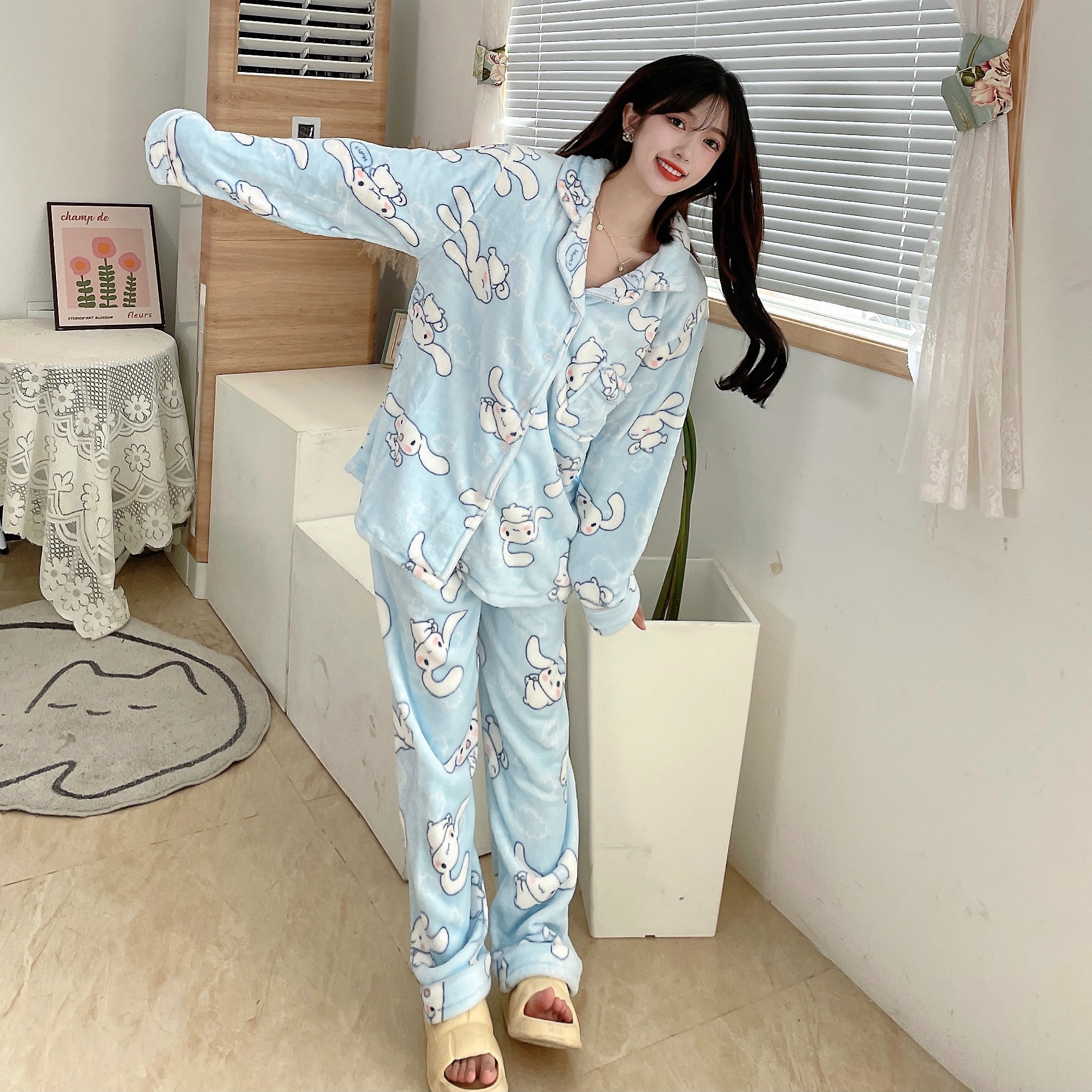 冬季法兰绒女士睡衣翻领开衫长袖长裤少女卡通可爱保暖家居服套装详情37