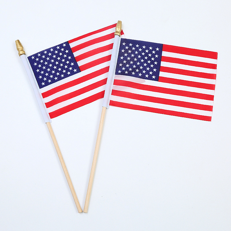 Cross-border Amazon 4* 6-inch American flag, 10*15cm American hand-waved flag, Independence Day flag with 25 cm wooden pole and golden gun tip, factory direct sales pic 1