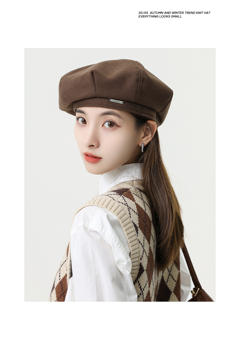 韩版秋冬毛呢金属标贝雷帽子女八角帽大头围显脸小时尚文艺画家帽详情13