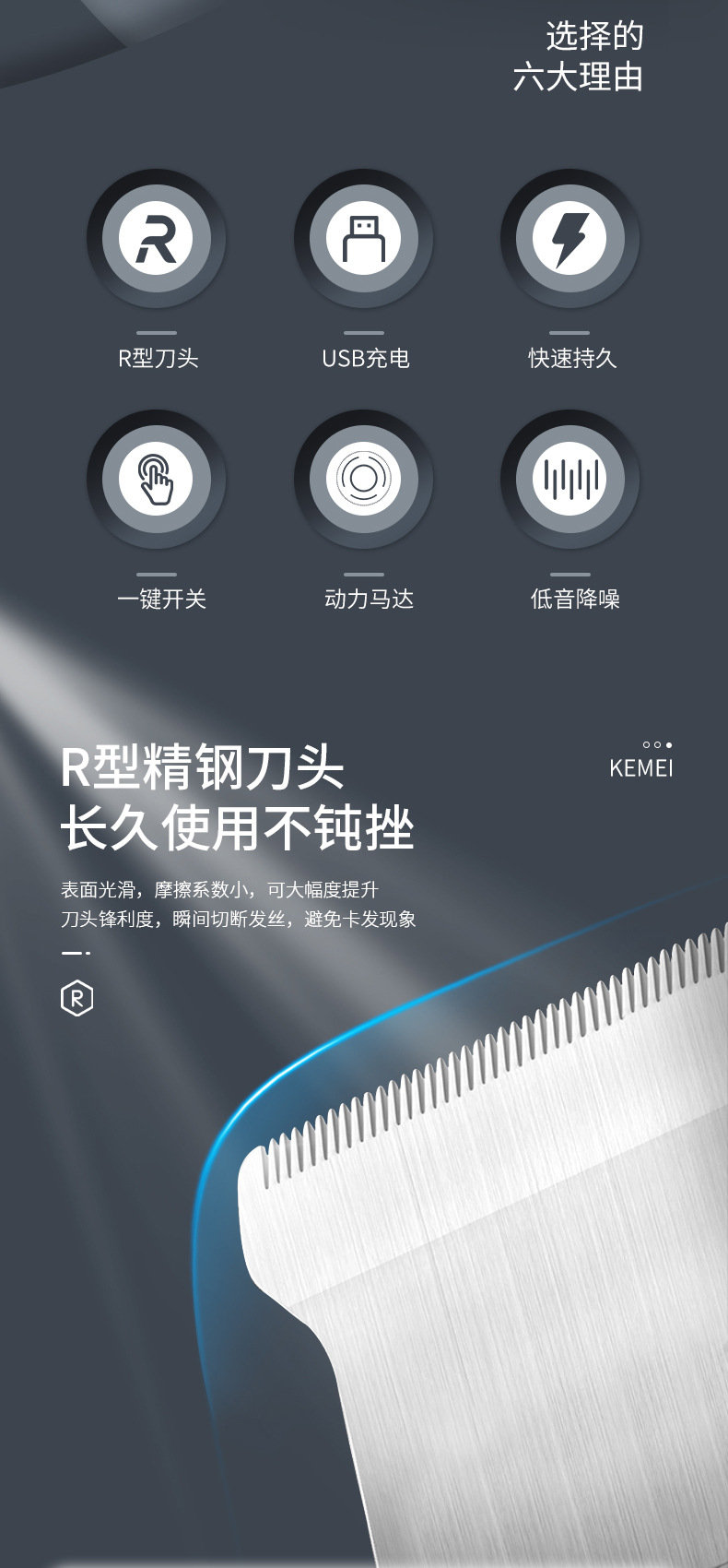 科美/KEMEI跨境迷你便携理发器精钢刀头持久续航多档可调节电推子KM-365详情2