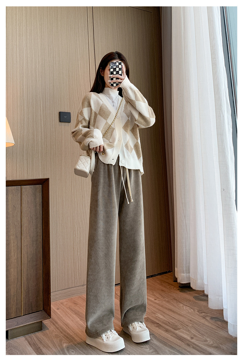 秋冬新款欧棉绒阔腿裤女高腰显瘦宽松抽绳百搭直筒垂感口袋休闲裤详情22