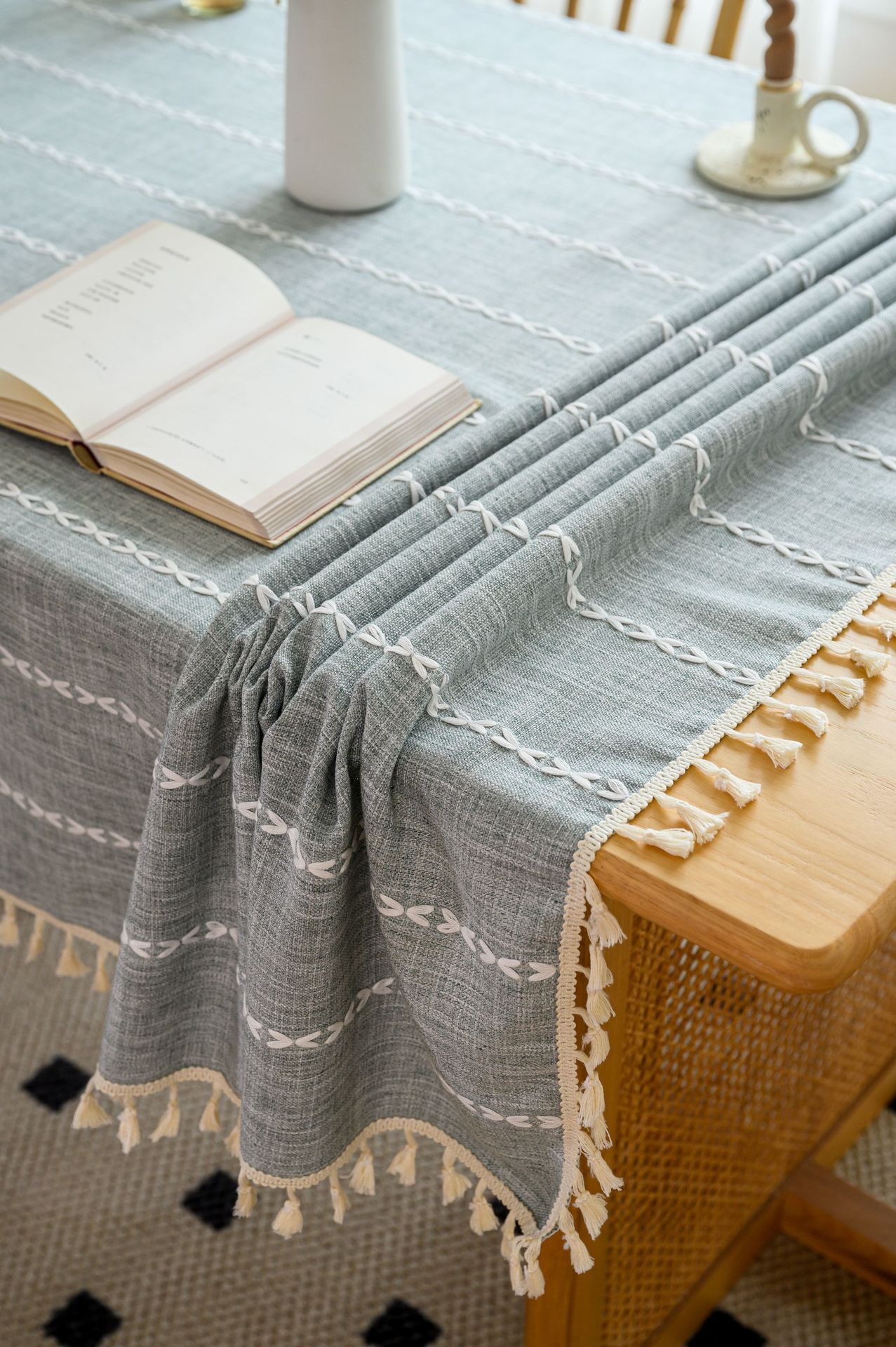 Cross-border three-dimensional embroidered striped tablecloth, popular black solid color, white cotton and linen tablecloth cover, fabric outdoor party pic 89