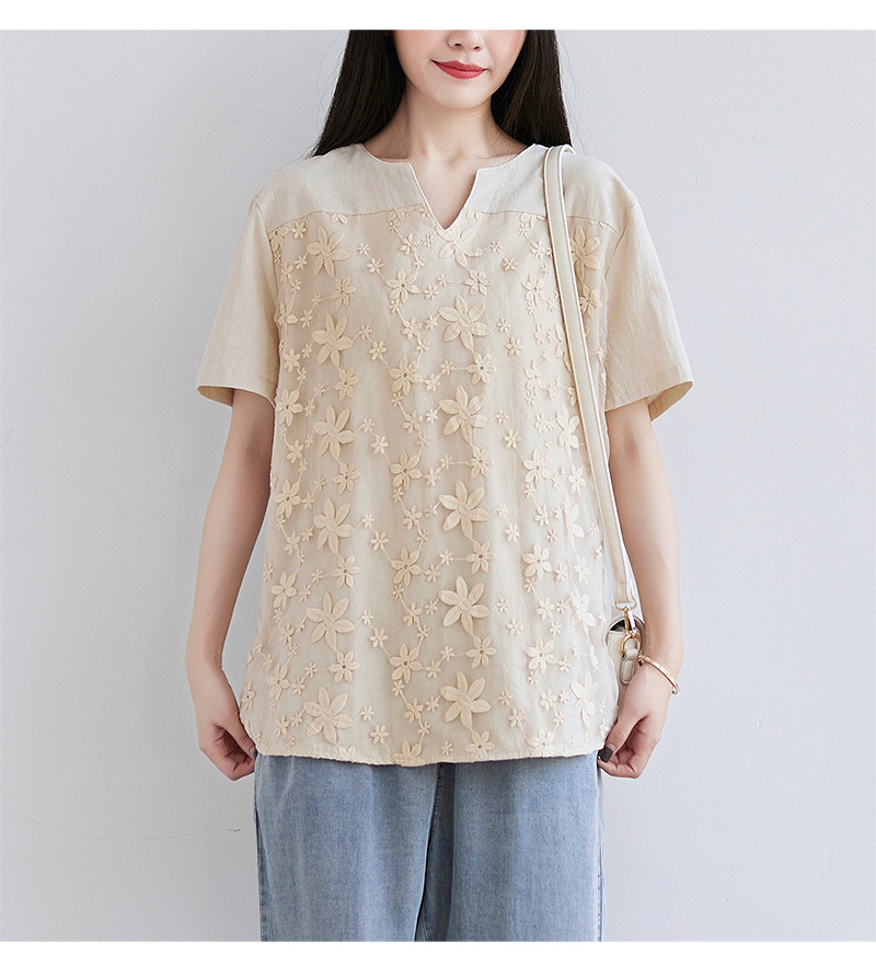 2022夏季新款速卖通欧美女装蕾丝刺绣短袖衬衫宽松女士上衣T恤详情31