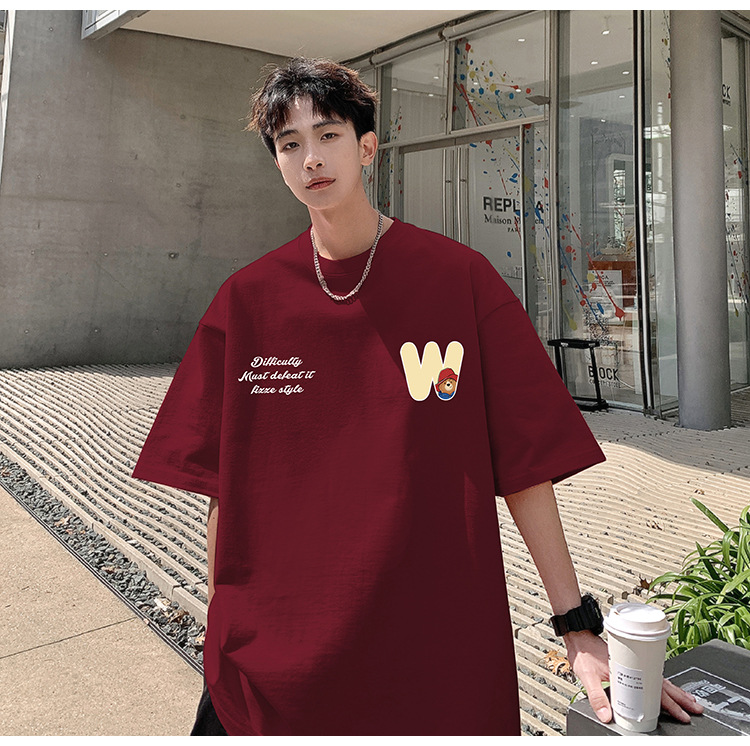 Camiseta de manga corta de estilo americano de algodón pesado hombre verano 2024 nuevo oso estampado estado de moda puerto estilo chico camiseta pic 40
