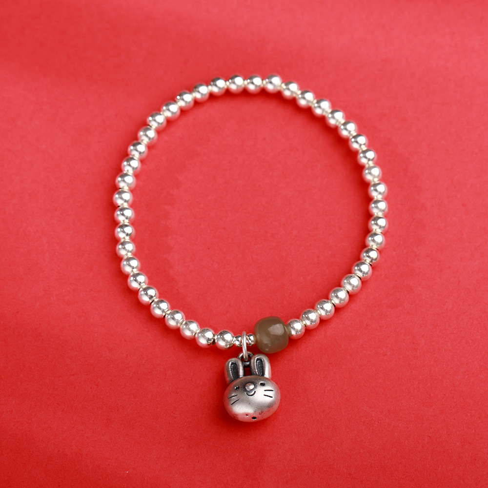 S925 sterling silver gold-plated Qingshui Hetian jade round bead bracelet for women 999 pure silver rabbit zodiac year bracelet pic 10