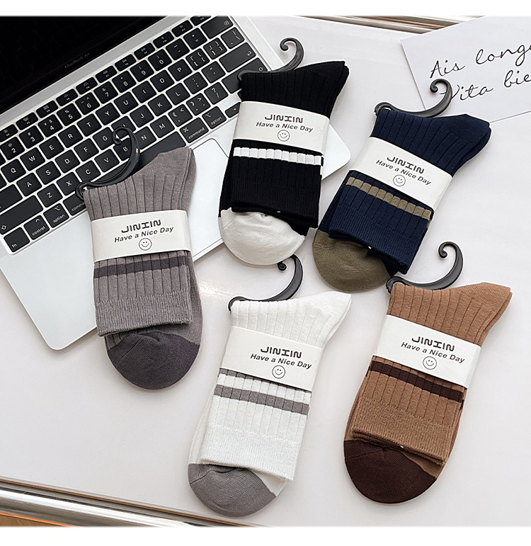 袜子地摊一件代发双针中筒袜秋冬季男袜子 男士条纹百搭诸暨男袜 保暖休闲拼色棉袜一件代发详情9