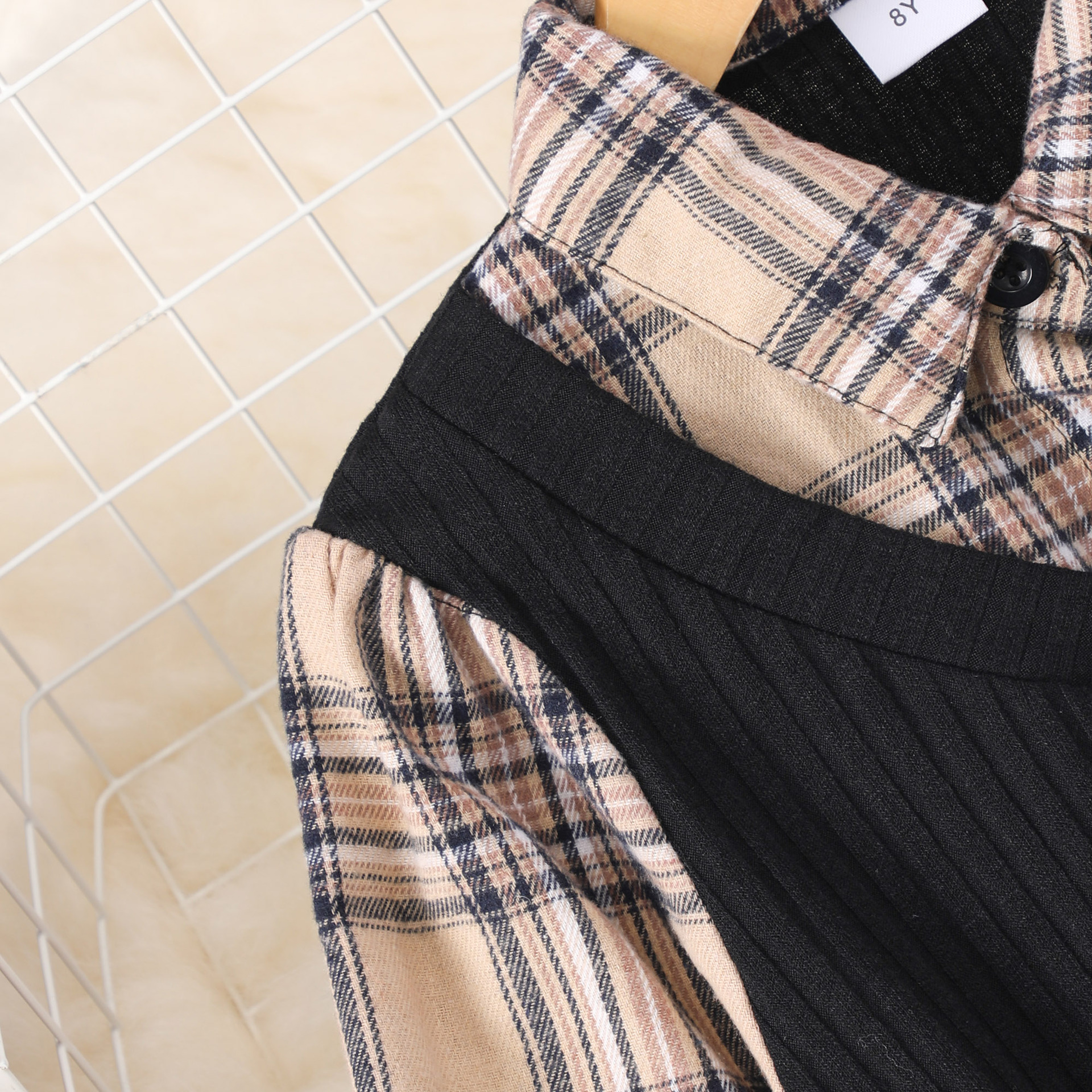 2024新款秋季中大童拼色格子袖黑收腰长裙详情4