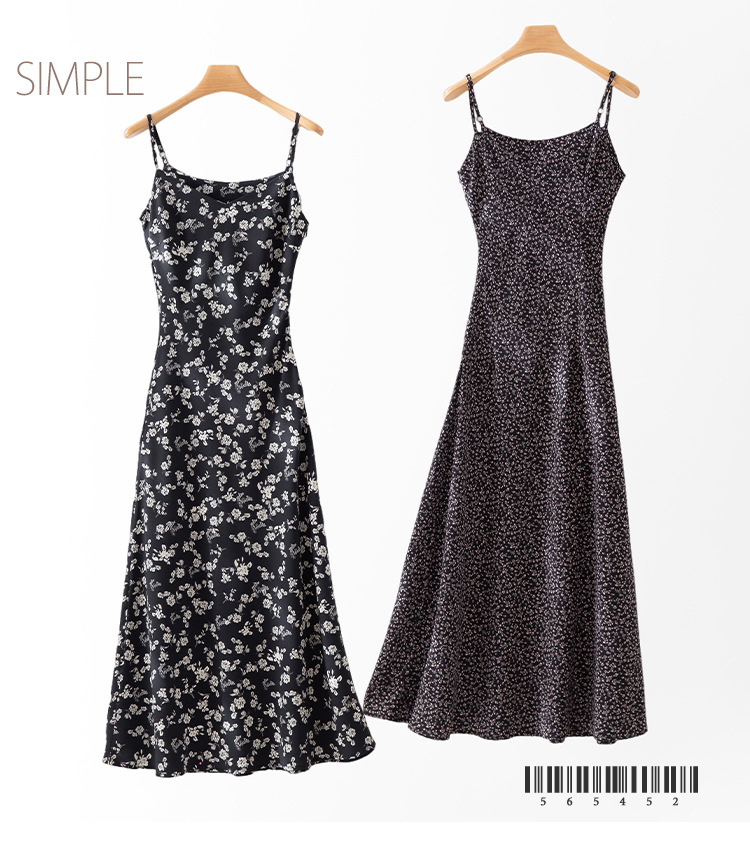 夏季新款法式复古黑色碎花吊带连衣裙女茶歇气质收腰a字裙长裙详情3