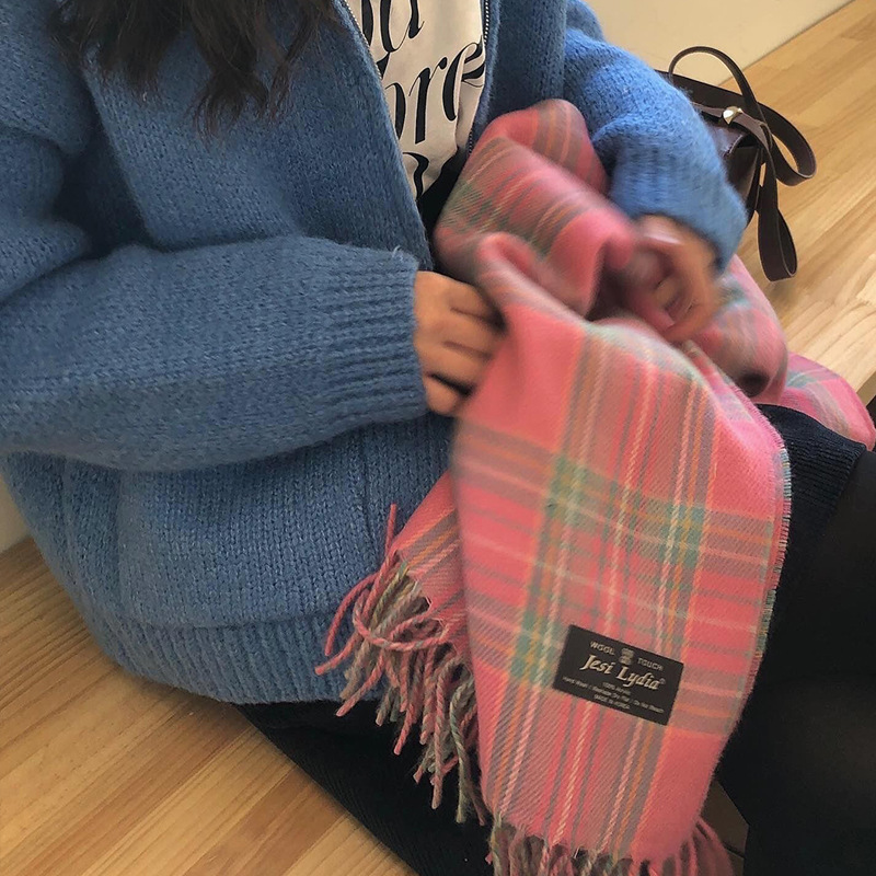 Korean style pink checkered scarf imitating cashmere winter purple scarf 2022 autumn and winter new style widened scarf shawl pic 21
