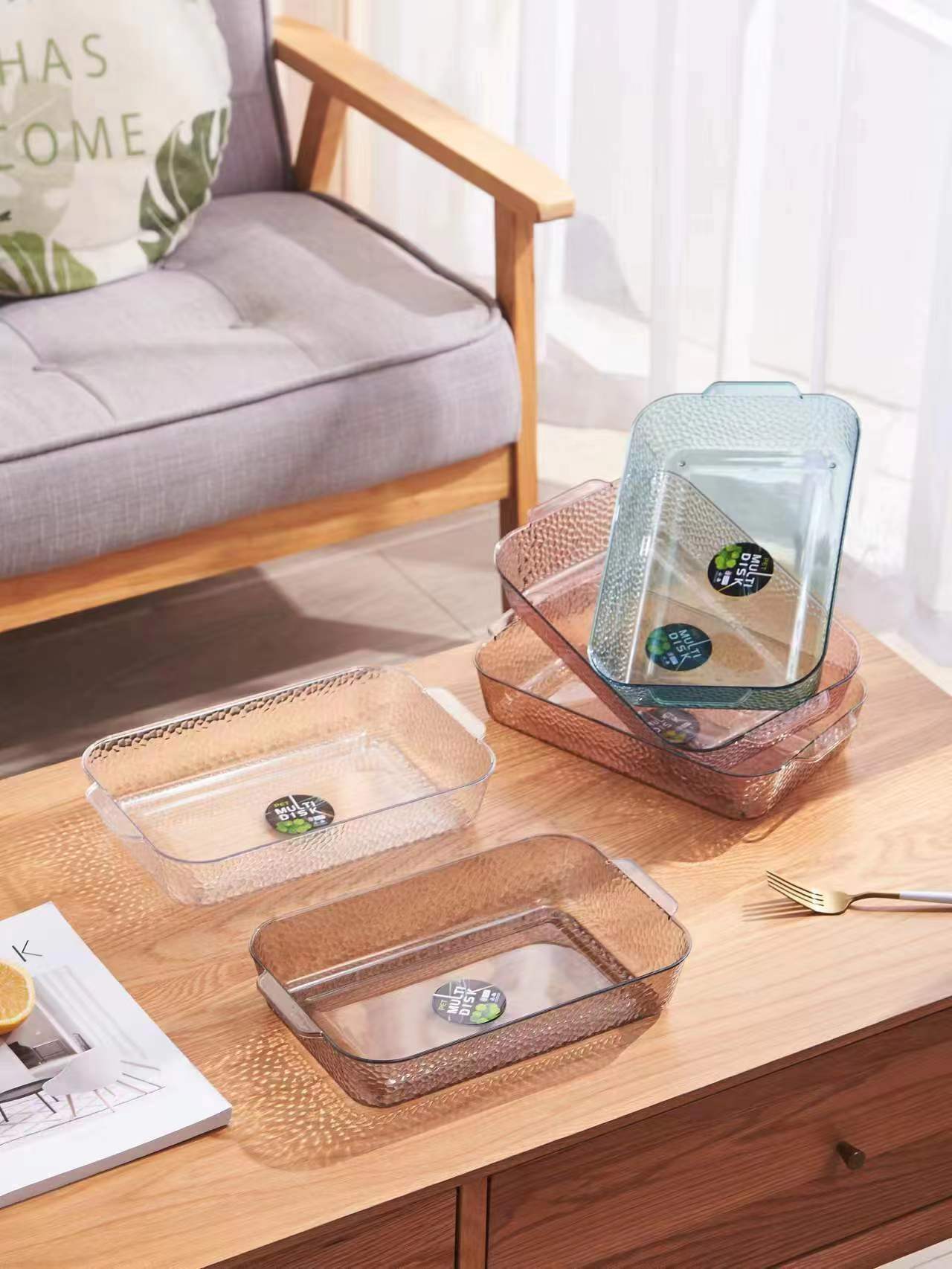 Rectangular glass tray, European-style household fruit plate, living room water cup tray set, tea cup plate, transparent flat plate pic 3