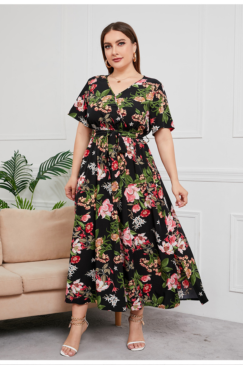 2024 Cross-border new French-style elegant plus-size dress with a V-neck, short sleeve and cinched waist, featuring a simple floral design pic 23