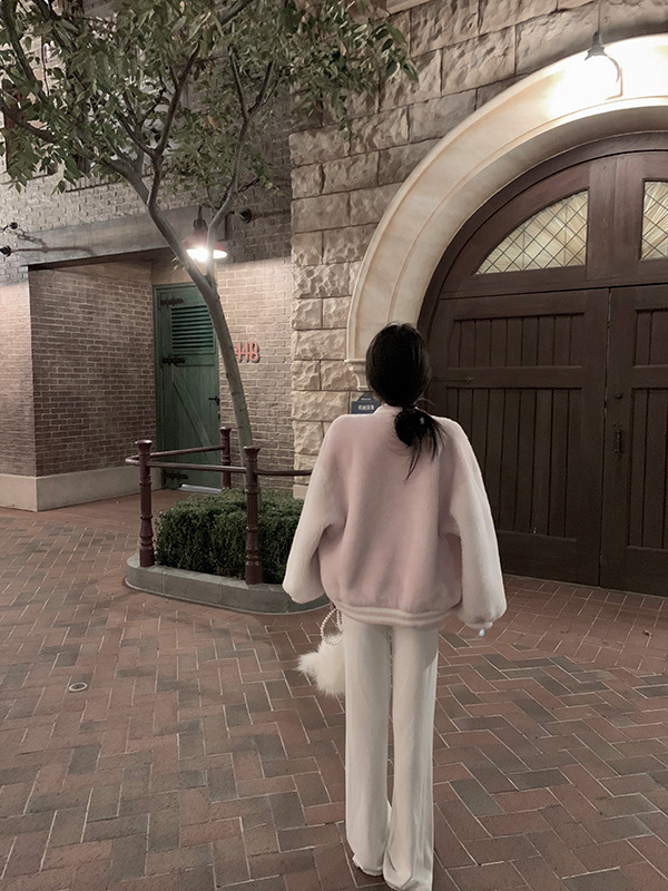 颗粒绒棒球服羊羔毛皮草外套女撞色时尚粉色羊剪绒皮毛一体大衣冬详情16