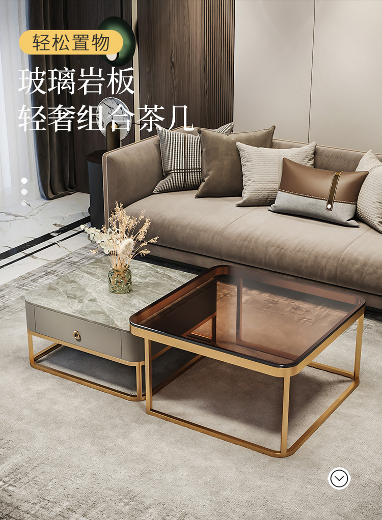Light luxury and simple glass bright coffee table, square-sized combination, extendable coffee table, Italian-style small apartment rock plate tea table pic 7