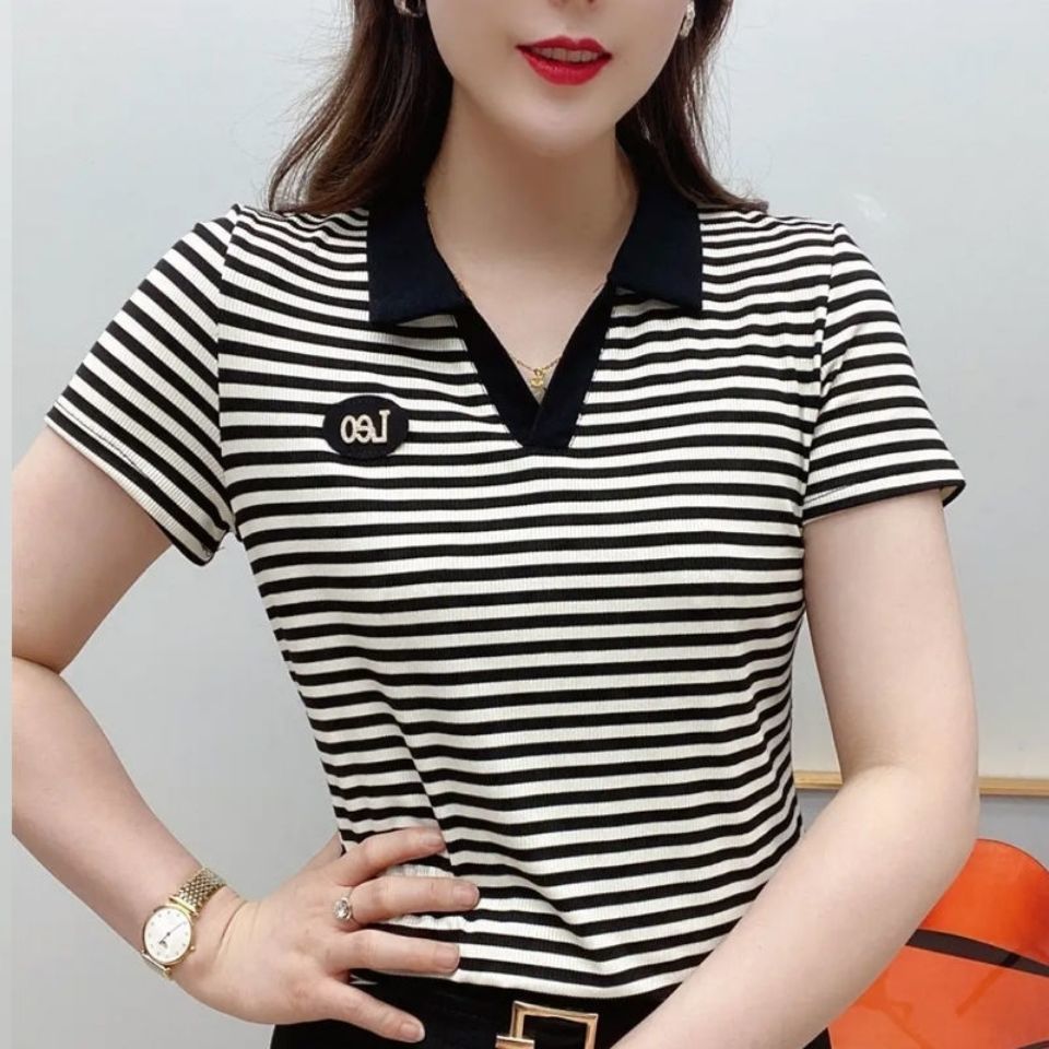 Verano manga corta cuello de solapa top moda 2022 mom wear holgado casual deportivo versátil talla grande camiseta mujer pic 2