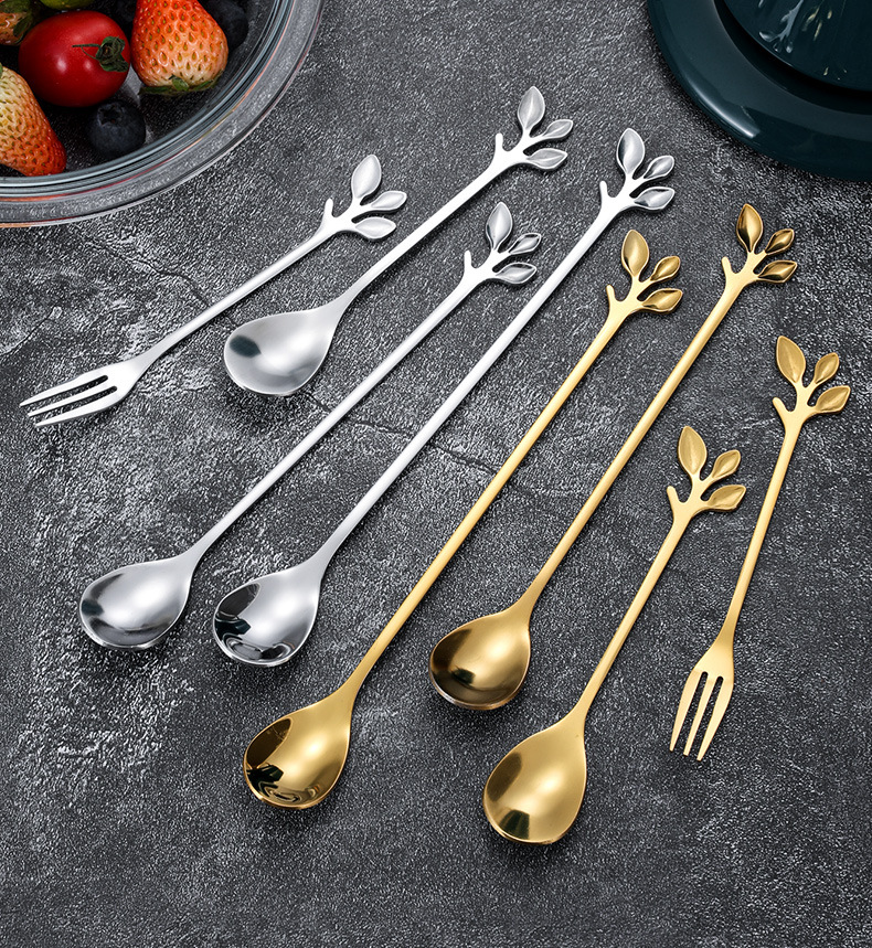 不锈钢创意高颜值树叶勺叉调羹咖啡勺家用餐勺长柄搅拌勺甜品叉子详情19