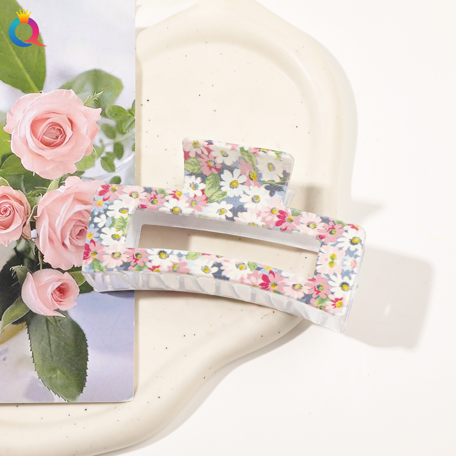 奇阅新款时尚UV印花方形抓夹女欧美创意盘发发夹小清新鲨鱼夹批发详情12