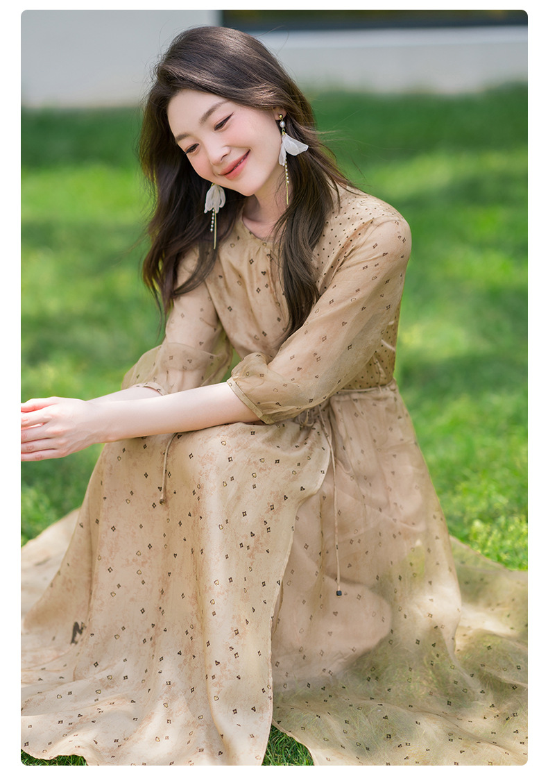 荣太设计师定染黑桃印花真丝连衣裙女拼接欧根纱桑蚕丝裙子系带详情26