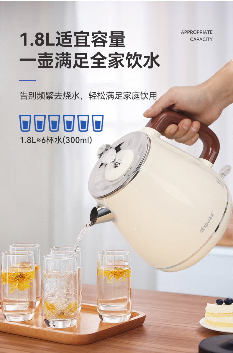 1.8L household electric kettle, double-layer anti-scald 304 stainless steel inner liner, household hotel automatic power-off boiling kettle pic 9