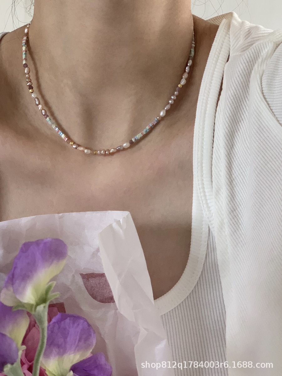 Dreamy pinkish-purple aurora silver pearl necklace, mini irregular Baroque-style light luxury necklace, niche pic 6