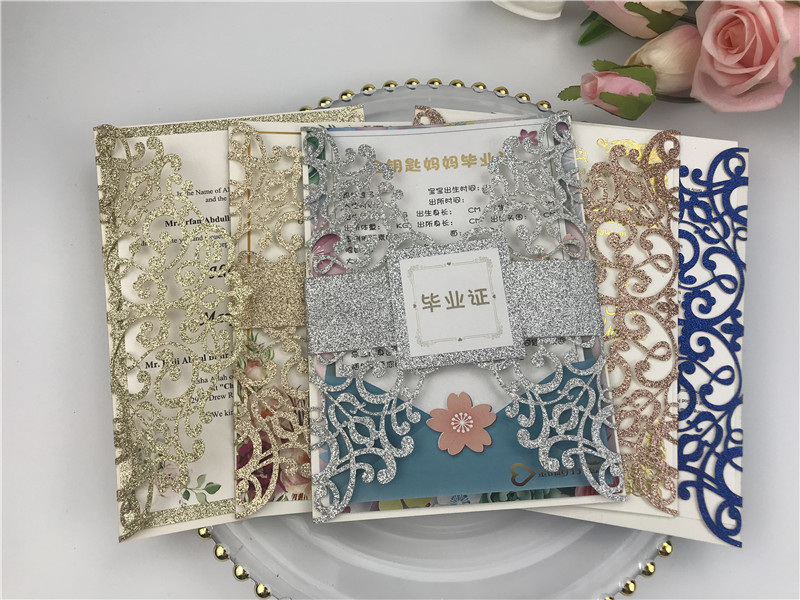 Customized wedding invitations, festival greeting cards and wedding invitations made of multi-color golden scallion powder, super flash material, hollowed-out card paper pic 8