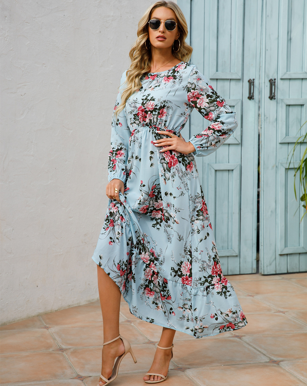 European and American floral long, round-neck, long-sleeved, waist-cinching and slimming dress pic 16