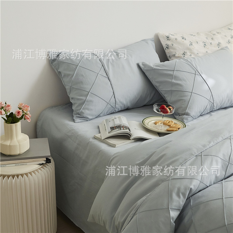Wholesale of high-quality three or four-piece sets of washed cotton 40-count hand-knitted rhombus-shaped checkered plain pure cotton bedding pic 46
