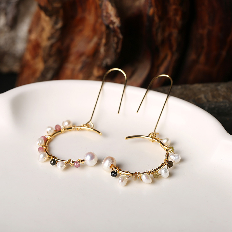 Hand-wound natural tourmaline freshwater pearls, retro and fashionable, face-enhancing, petite and unique, 14K gold-plated retro earrings for women pic 10