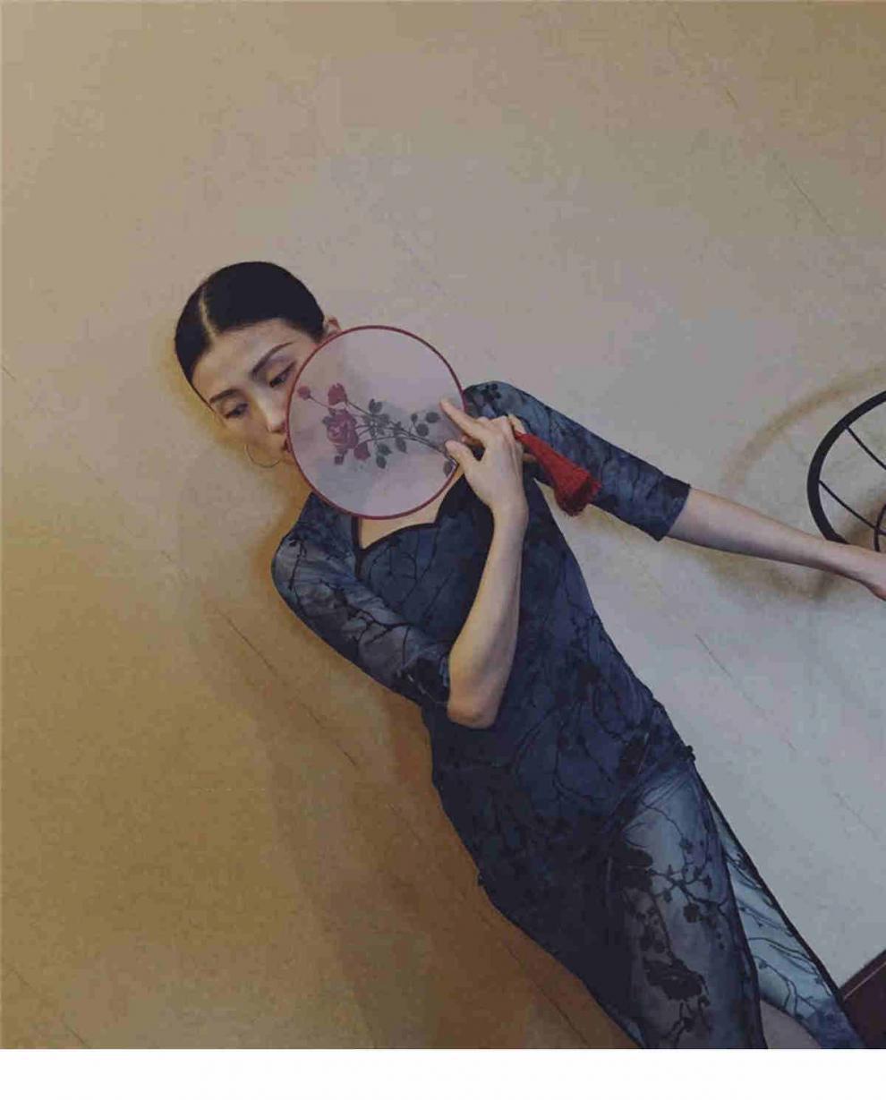 国潮中国风透视植绒复古碎花连衣裙镂空性感七分袖改良旗袍包臀开叉裙详情9