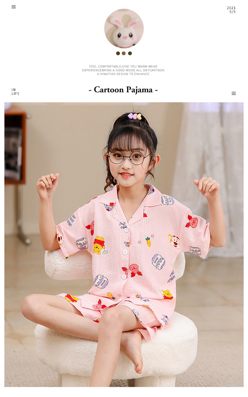 2023女童睡衣儿童夏季短袖短裤泡泡绉布套装女孩开衫大童家居服夏详情29