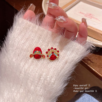 新年喜庆安可拉红色珠子耳钉女哑光拉丝几何形耳钉港风复工耳饰品详情7