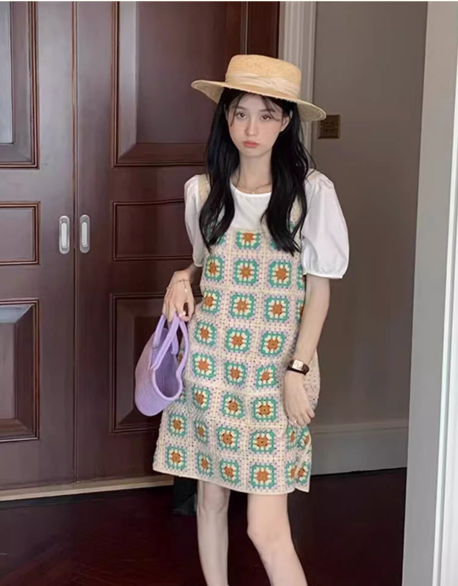 镂空勾花吊带连衣裙女夏复古宽松百搭田园渡假风质感外搭港式长裙详情10