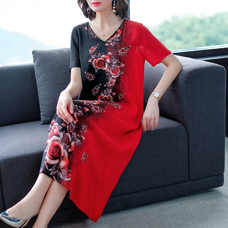 批发V领印花连衣裙女2021夏季新款阔太太大码遮肚桑蚕丝裙子潮详情5