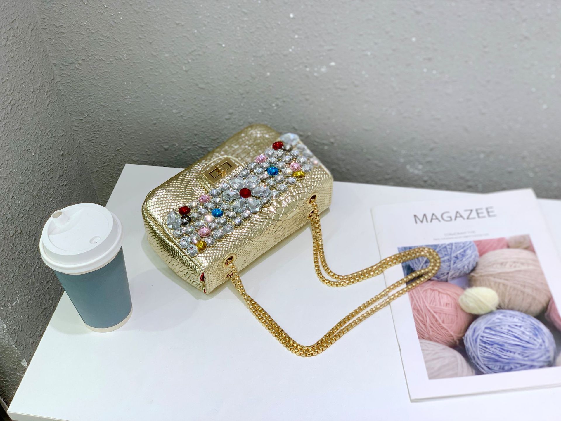 Chanel snake-patterned diamond bag, single-shoulder crossbody bag, crystal gemstone hot mom bag, flower sequined chain bag, water diamond bag pic 25