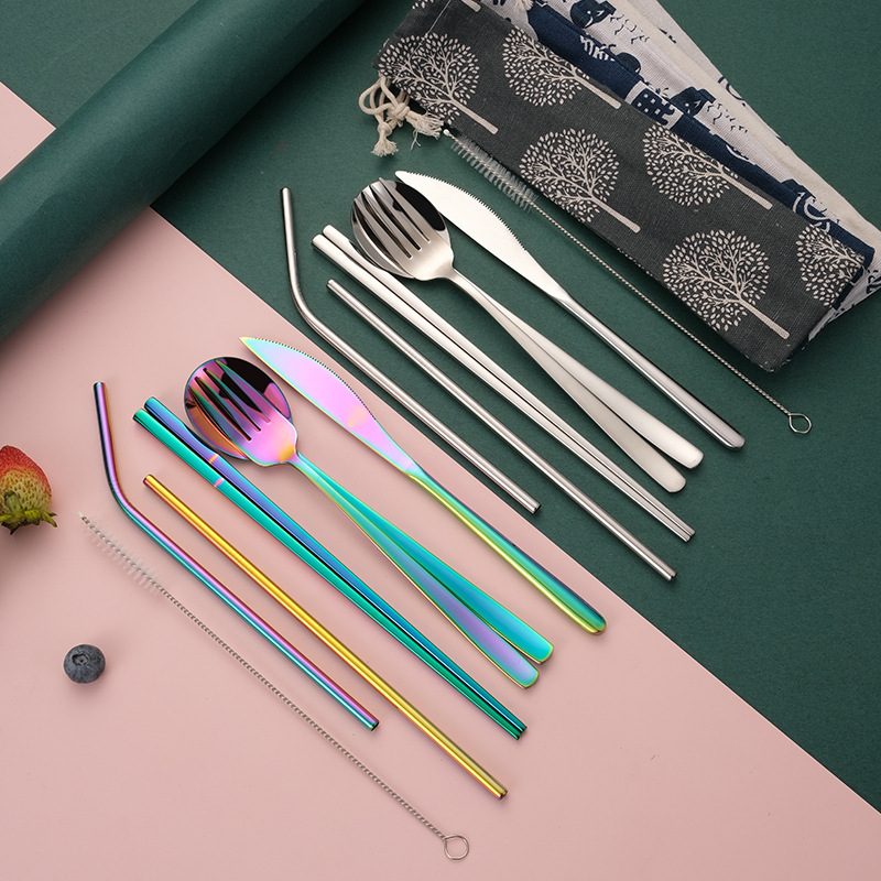 跨境亚马逊不锈钢餐具套装 便携式创意西餐具刀叉勺吸管组合礼品详情2