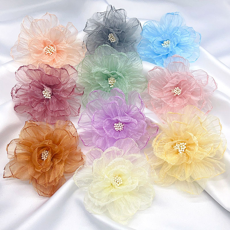 Multi-layer three-dimensional gauze flower hand-beaded diy dress shoe flower brooch accessory, Organza flower accessory pic 2