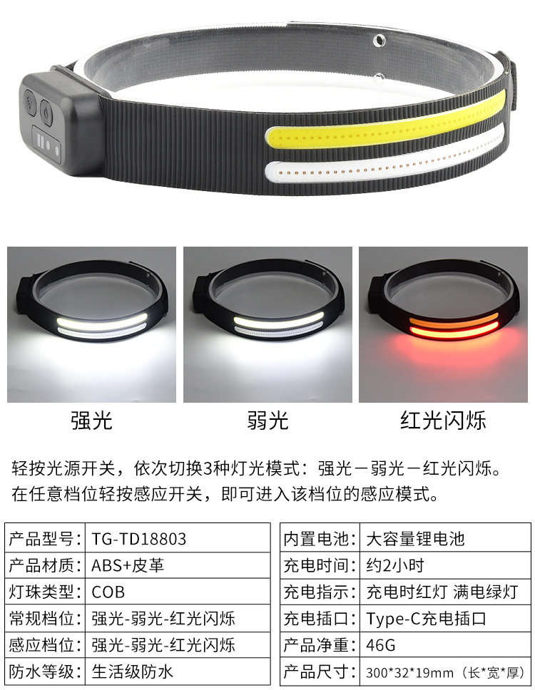 New hand-waving sensor TYPE-C rechargeable headlamp, outdoor strong light COB head-mounted cycling and running red and blue light pic 10