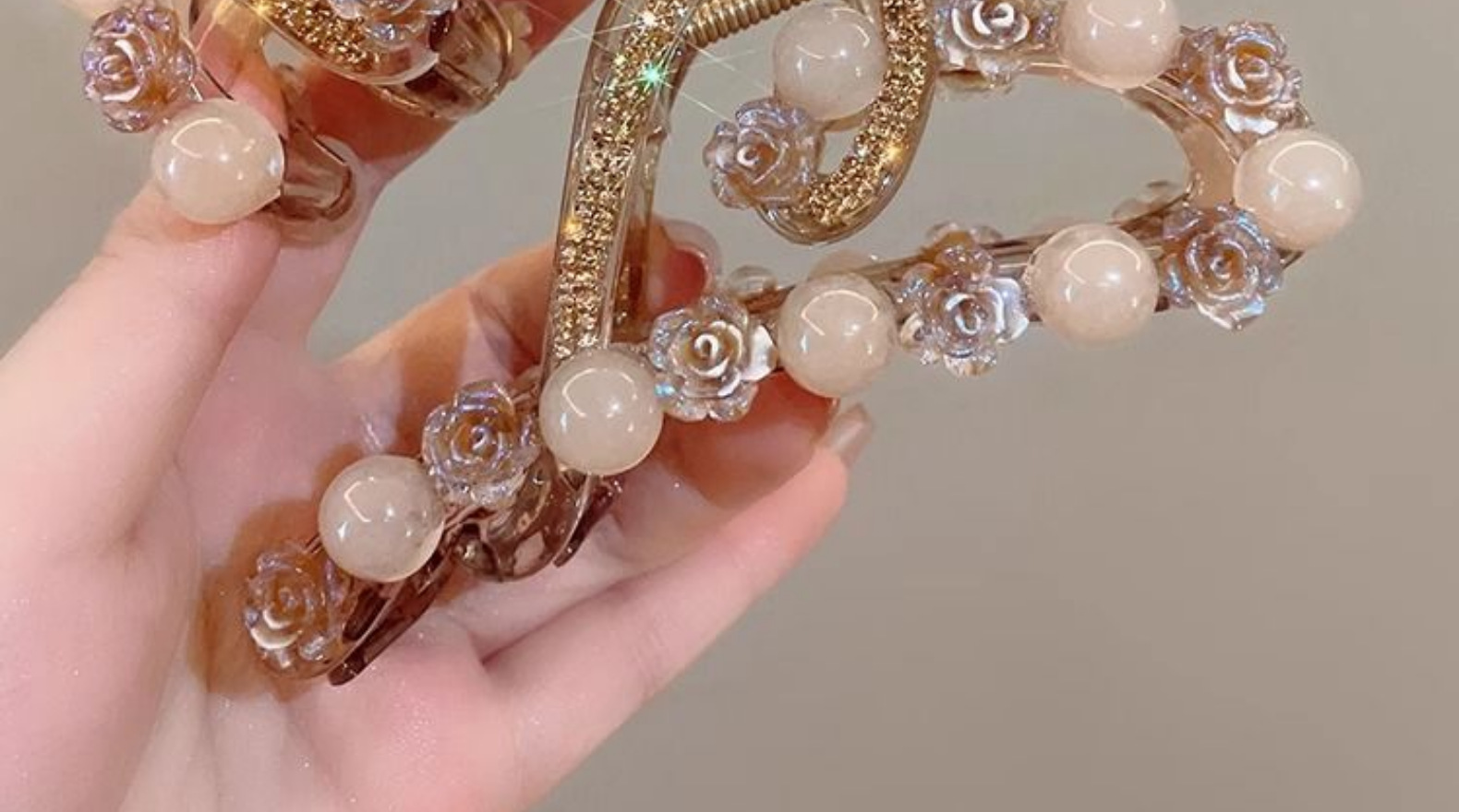 Elegant little camellia flower bead claw clip, large hair volume, high-end updo shark clip for women at the back of the head pic 4