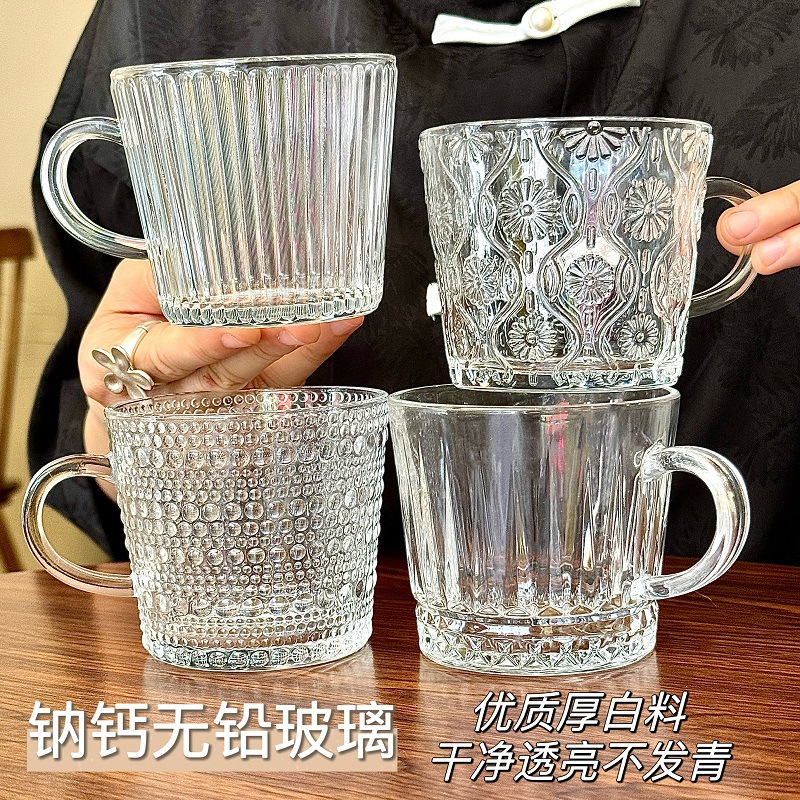 ins玻璃杯带把手家用早餐杯网红浮雕水杯高颜值咖啡杯伴手礼杯子详情10